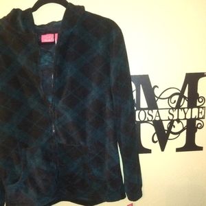 Zoey & Beth Fleece Hooded Jacket with scarf- Black & green plaid Size M